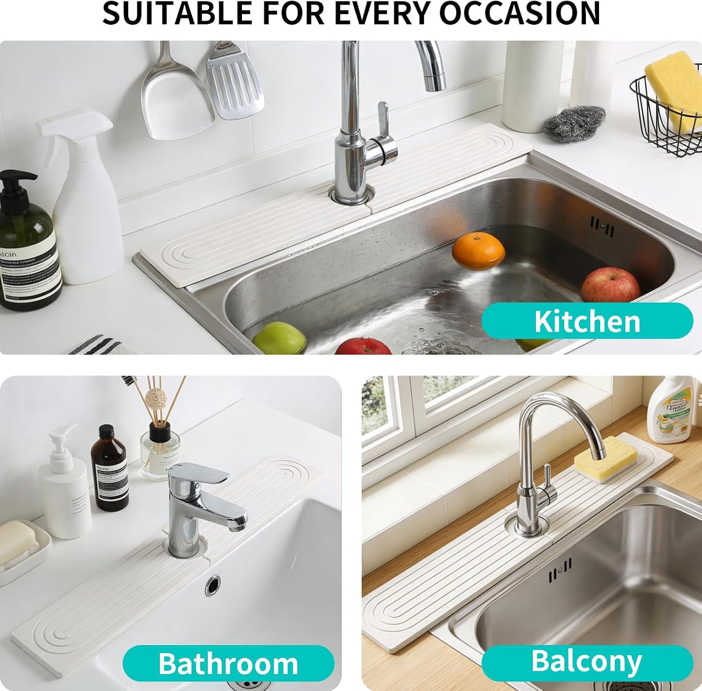 Absorbent Stone Faucet Mat for Kitchen Sink - 15.8" x 4" Diatomite Stone Sink Tray, Quick Dry Bathroom Sink Splash Guard Behind Faucet, Water Catcher Counter Protector (White)