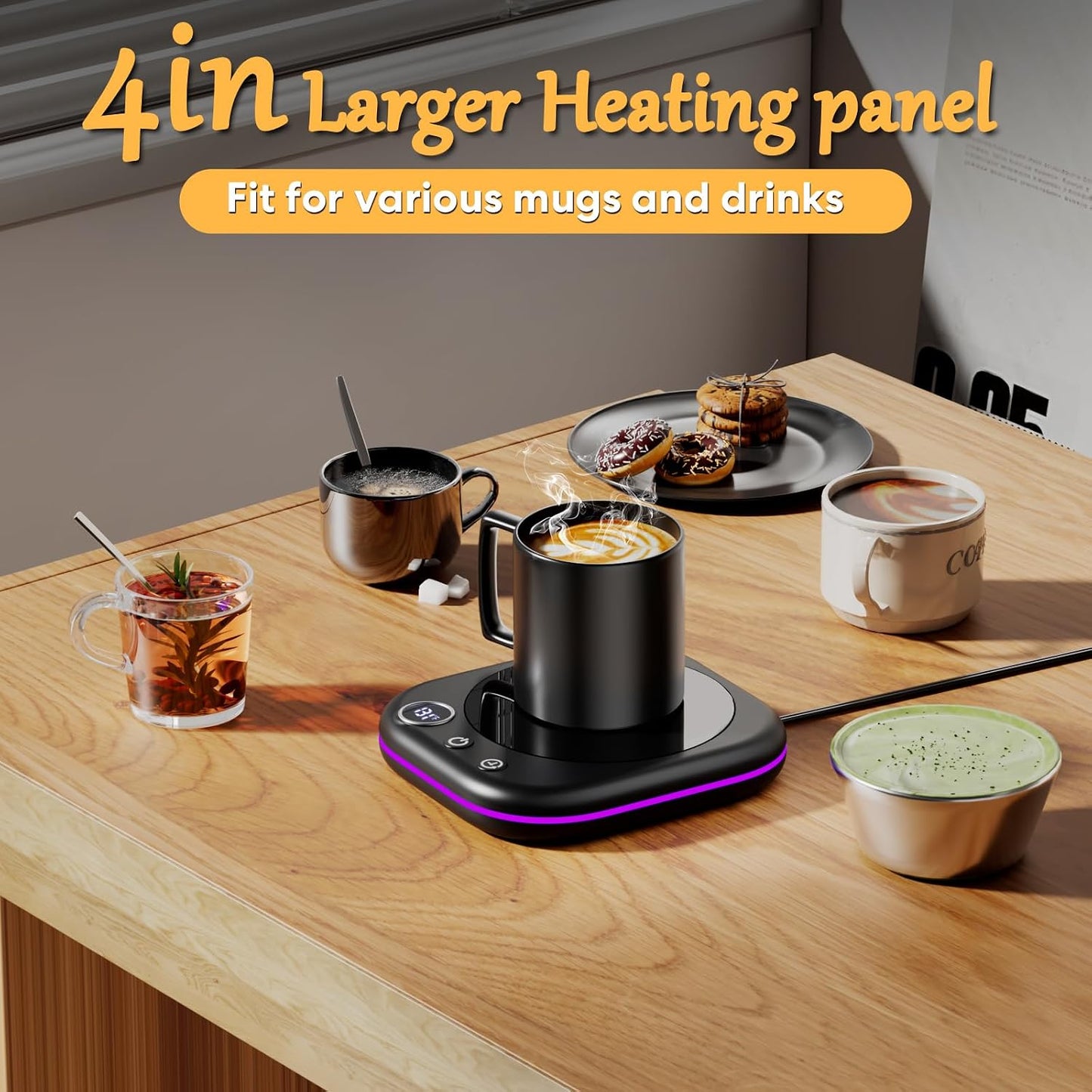 Mug Warmer Upgraded,Coffee Mug Warmer for Desk LEDs Light 3 Temp Settings (113-167°F) 1-12H Timer 4 H Auto Shut Off Beverage Cup Candle Warmer for Coffee Tea Milk(Wood Grain)