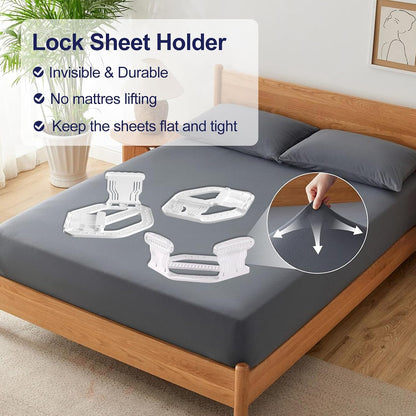 Bed Sheet Holders for Corners,New Upgrade Fitted Bed Sheet Grippers Dual-Side Lock Design, 4Pcs Heavy Duty Sheet Clips All Mattress Sizes, No More Loose Sheets, Lock Sheet Holders Keep Firm (Gray)