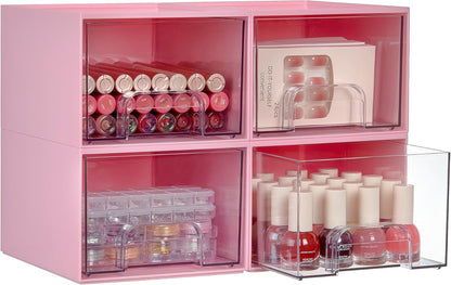 Vtopmart 4 Pack Small Clear Stackable Storage Drawers, Fits Narrow Spaces | Multi-Use Plastic Bins for Bathroom Cabinet Organizer, Makeup, Desk, Vanity, Undersink, Medicine ,Keeps Small Items Organized