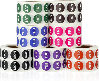 Watersay 7000 PCS Small 7-Day of The Week Double Row Adhesive Stickers Bulk - 0.5 Inch Color Coded Dots Round Food Rotation Labels for Food Containers, Pill Organizer, Planner, 1000 Labels/Roll