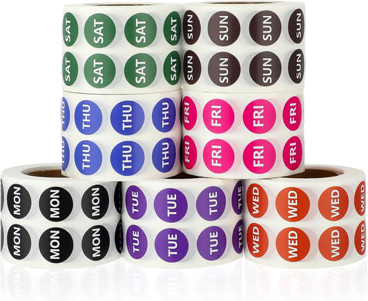 Watersay 7000 PCS Small 7-Day of The Week Double Row Adhesive Stickers Bulk - 0.5 Inch Color Coded Dots Round Food Rotation Labels for Food Containers, Pill Organizer, Planner, 1000 Labels/Roll