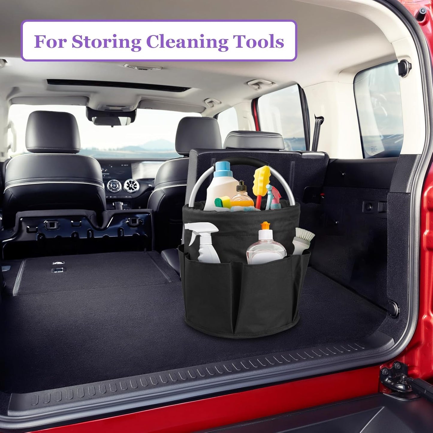 17L Cleaning Caddy with Handle and 6 Pockets, Foldable Cleaning Supply Caddy, Portable Shower Caddy in 600D Oxford Fabric, Multifunctional Storage Basket for Camping, Gardening, Black