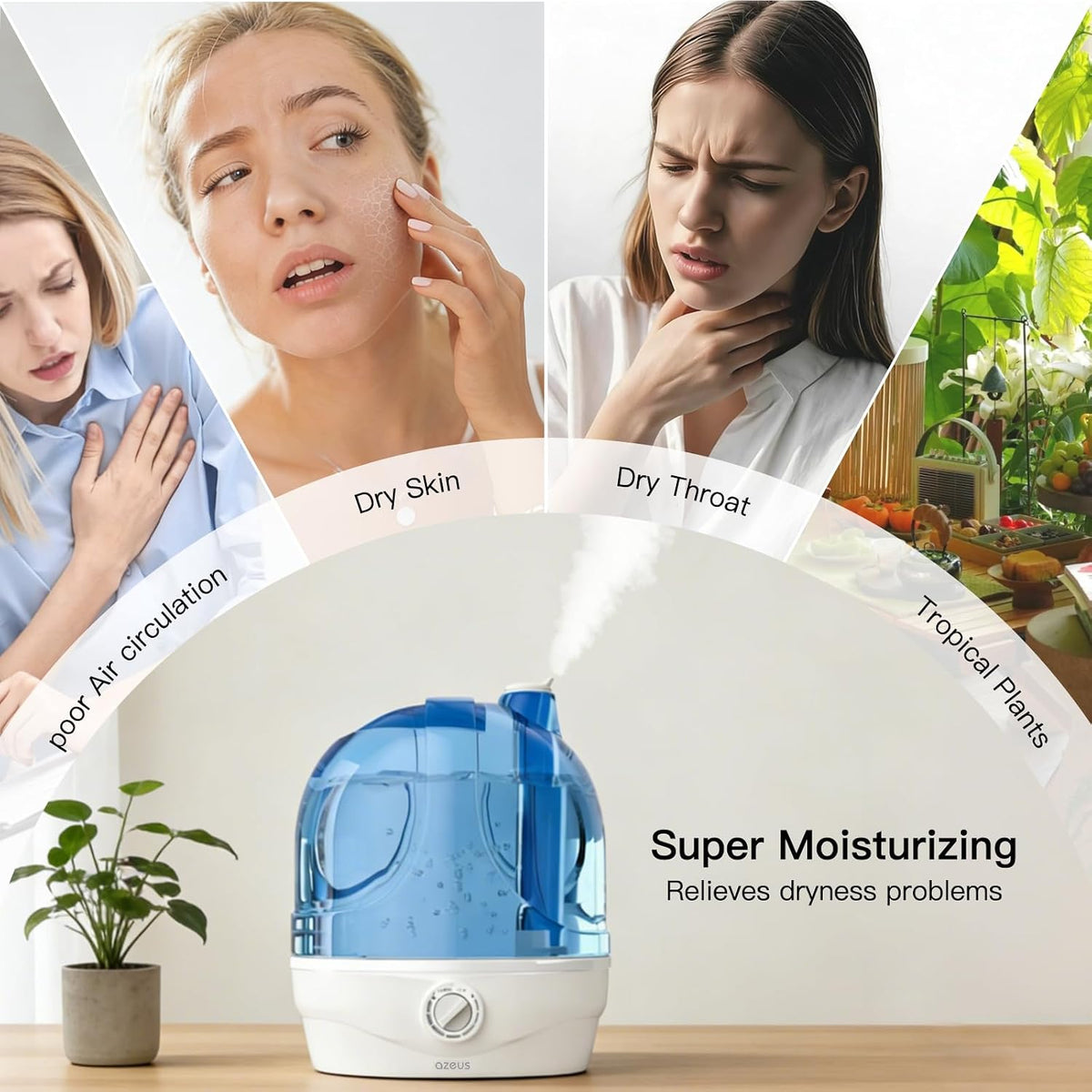 AZEUS 2.8L Cool Mist Humidifier, Quiet Adjustable Mist with Auto Shut-Off