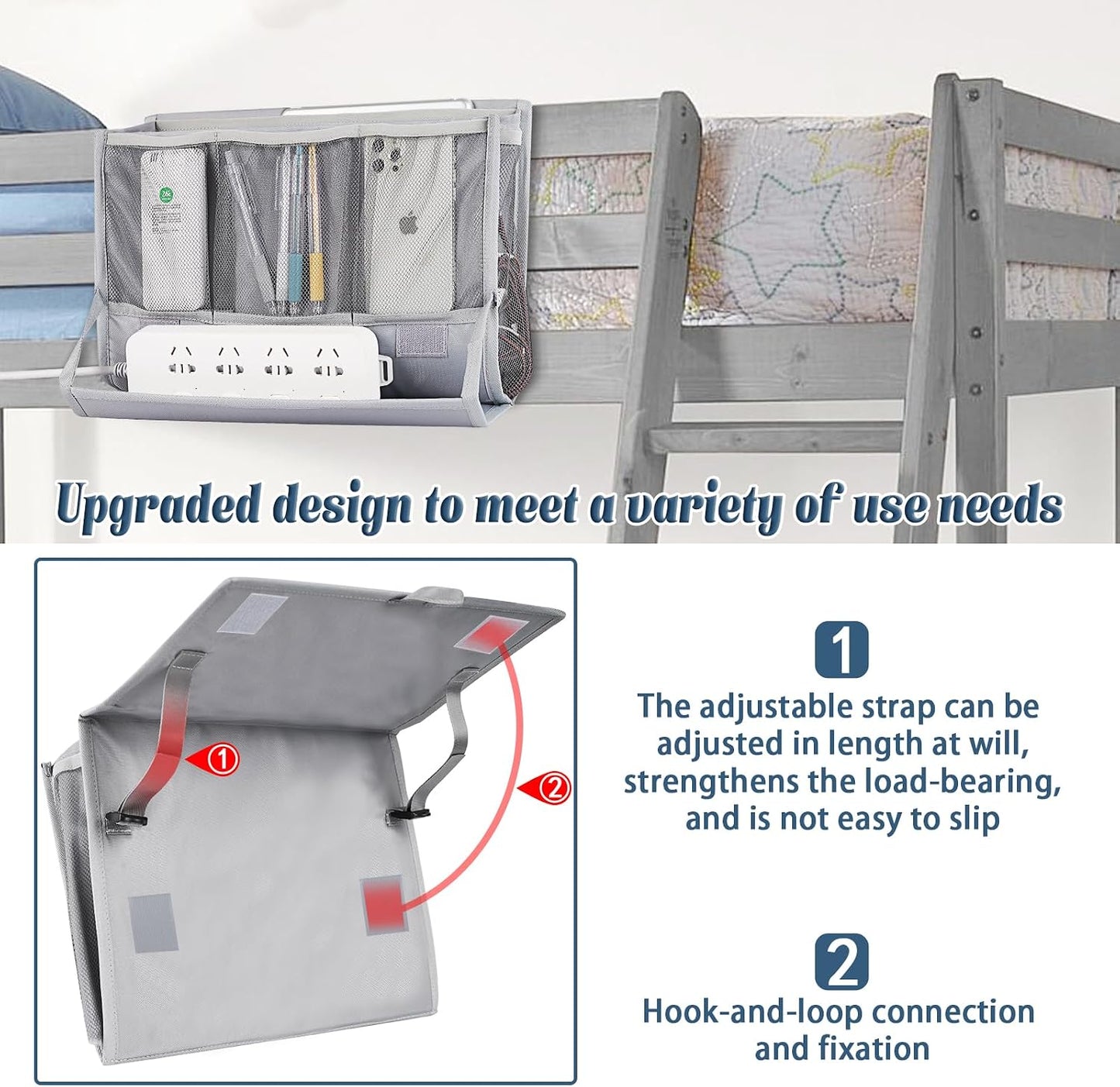 Bedside Caddy Organizer for Dorm Bed Rails with 7 Pockets, Gray | Bed Pockets Bedside Storage with Power Strip Holder & 2 Adjustable Straps for Home, College, Dorm, Hospital Bedside Organizer