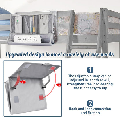 Bedside Caddy Organizer for Dorm Bed Rails with 7 Pockets, Gray | Bed Pockets Bedside Storage with Power Strip Holder & 2 Adjustable Straps for Home, College, Dorm, Hospital Bedside Organizer