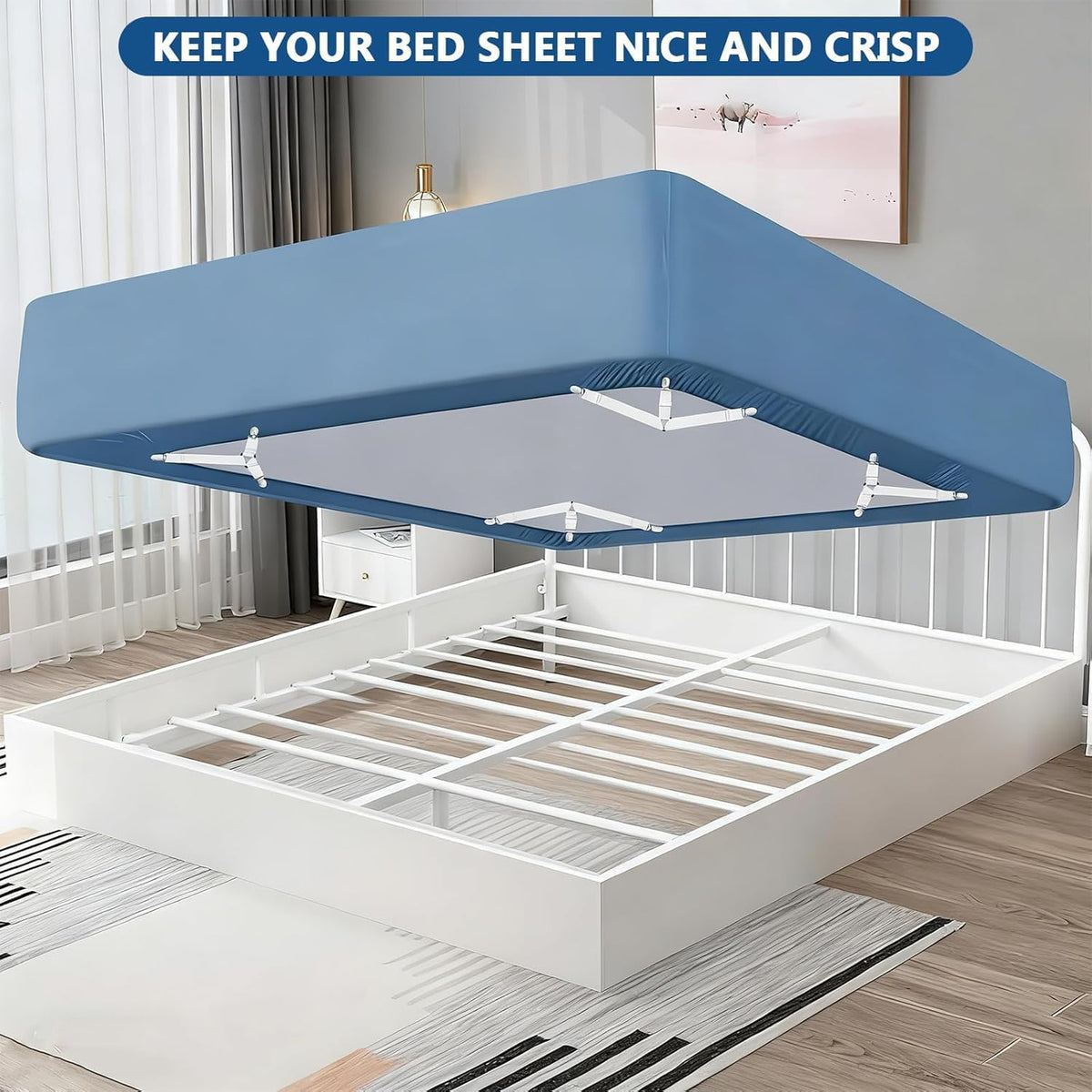 Adjustable Bed Sheet Straps with Metal Clips 4 Pack, Sheet Edge Clamp Holder for Fitted Sheets, Sofa Covers, Tablecloths and Curtains, Heavy Duty Elastic Fasteners Black