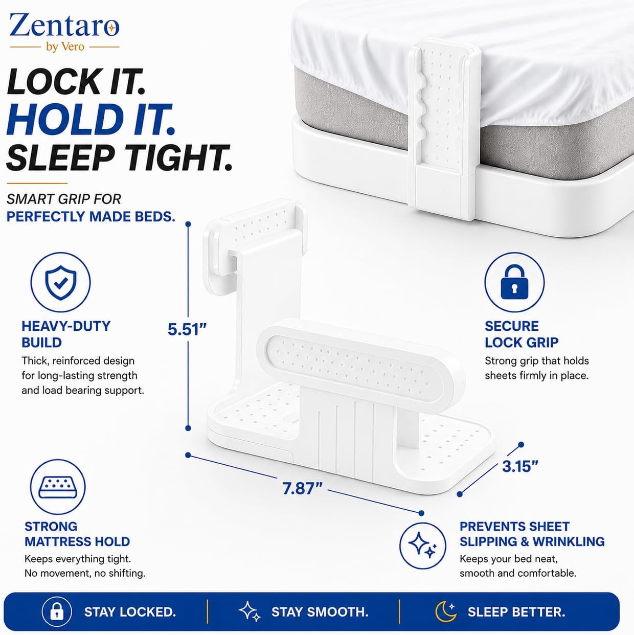 Bed Sheet Holders for Corners — 4-Pack Lock Fitted Sheet Holder Set with Sheet Straps & Easy Tucker Tool — Universal Bed Sheet Clips for All Mattress Sizes, Non-Slip ABS, White