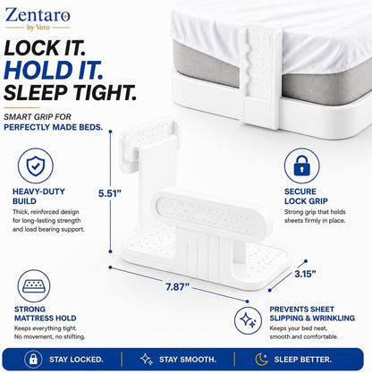 Bed Sheet Holders for Corners — 4-Pack Lock Fitted Sheet Holder Set with Sheet Straps & Easy Tucker Tool — Universal Bed Sheet Clips for All Mattress Sizes, Non-Slip ABS, White