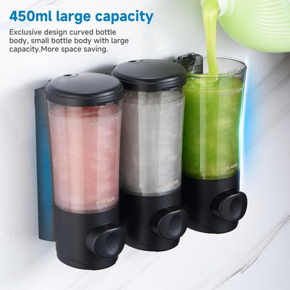 Shampoo and Conditioner Dispenser No Drill Shower Soap Dispenser Wall Mounted Shower Dispenser 3 Chamber with Upgrade Smooth Pump Head Bathroom Body Wash Soap Dispenser Set 450ml*3 Black