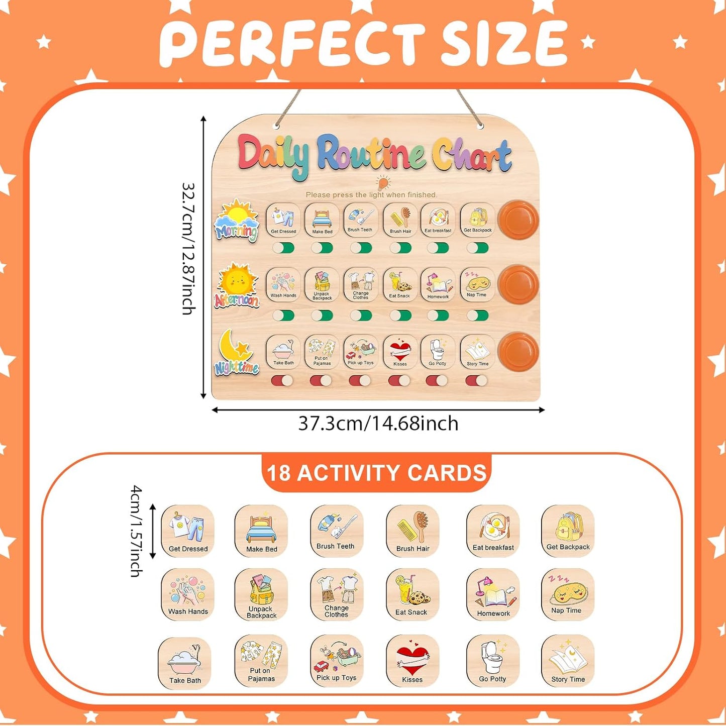 Morning Routine Chart for Toddlers, Visual Schedule Chart Planner | to Do List with 6 Tap Lights & 10 Activity Cards, Wooden Checklist Schedule Board for Kids, Autism, Preschoolers, ADHD Tools