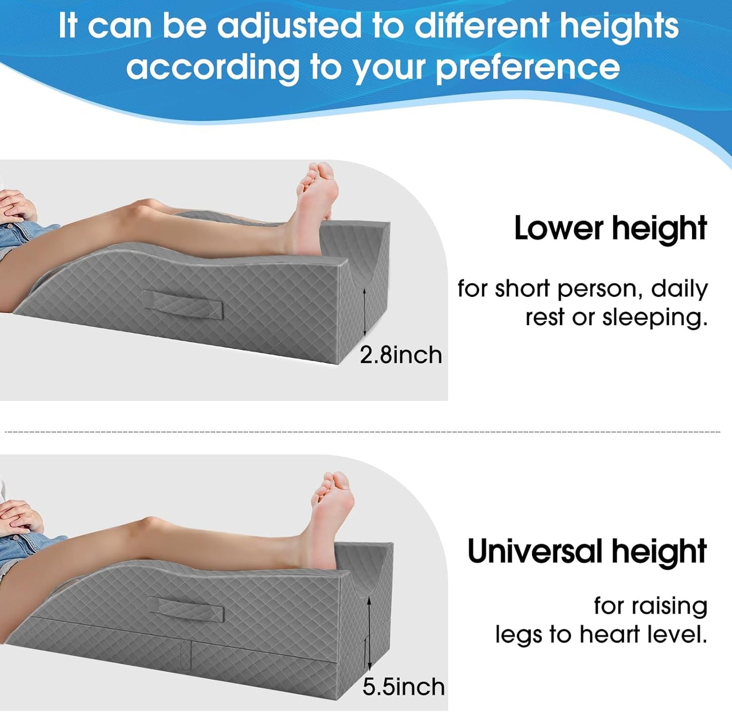TranquilRelax Leg Elevation Pillows for After Surgery, Wedge Pillow, Grey | Memory Foam, All-around Knee & Ankle Support for Swelling, Height-adjustable, Nop-Slip Bottom, Washable Cover, Single-leg