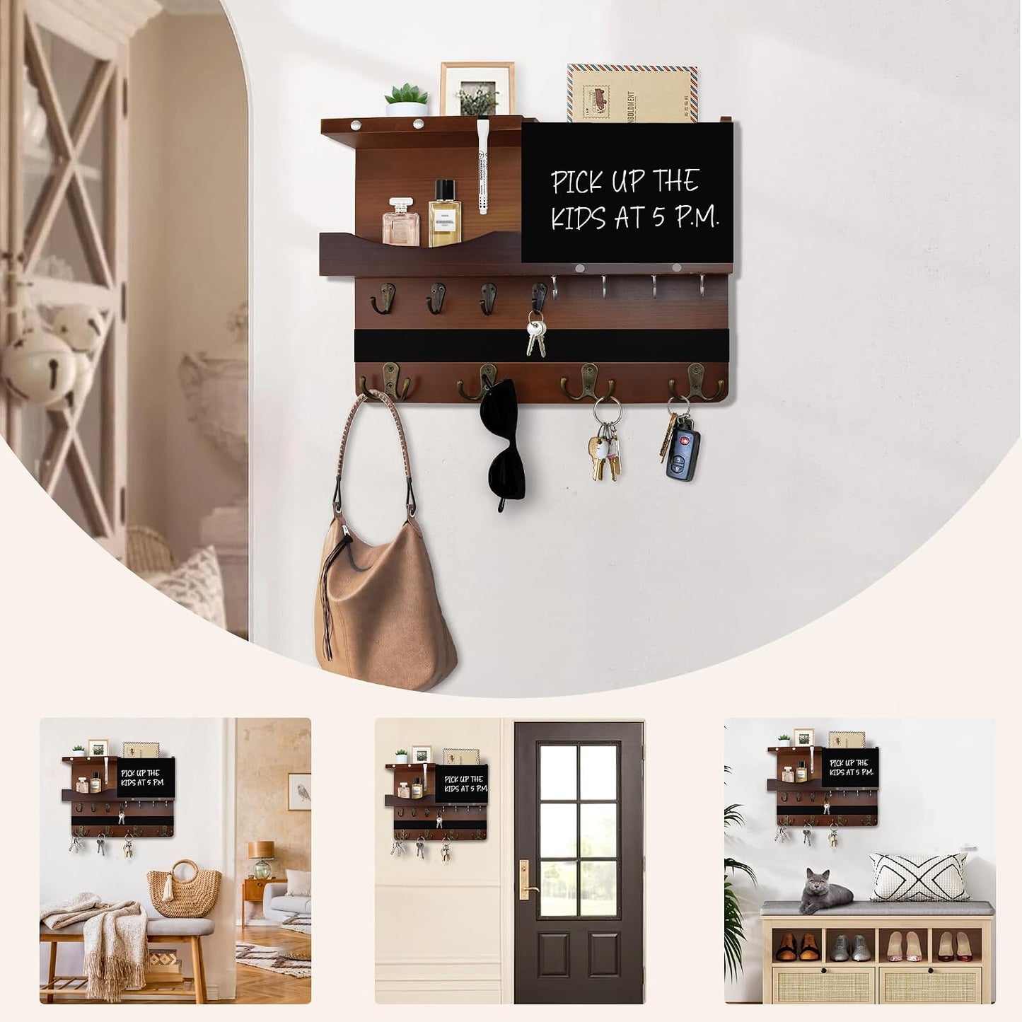 Key Holder for Wall Mount with Shelf and Mail Organizer, Key and Mail Holder with 16 Hooks, Farmhouse Entryway Organizer, Home Decor Rack (Pine Wood, White Washed)