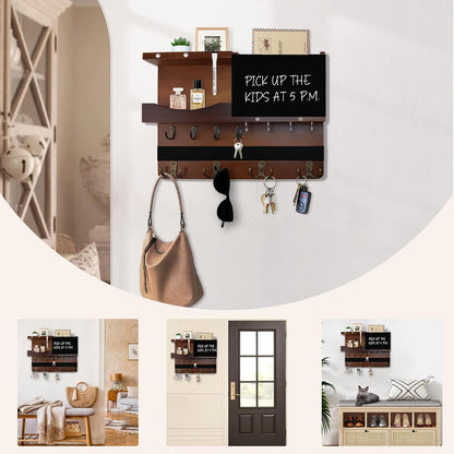 Key Holder for Wall Mount with Shelf and Mail Organizer, Key and Mail Holder with 16 Hooks, Farmhouse Entryway Organizer, Home Decor Rack (Pine Wood, White Washed)