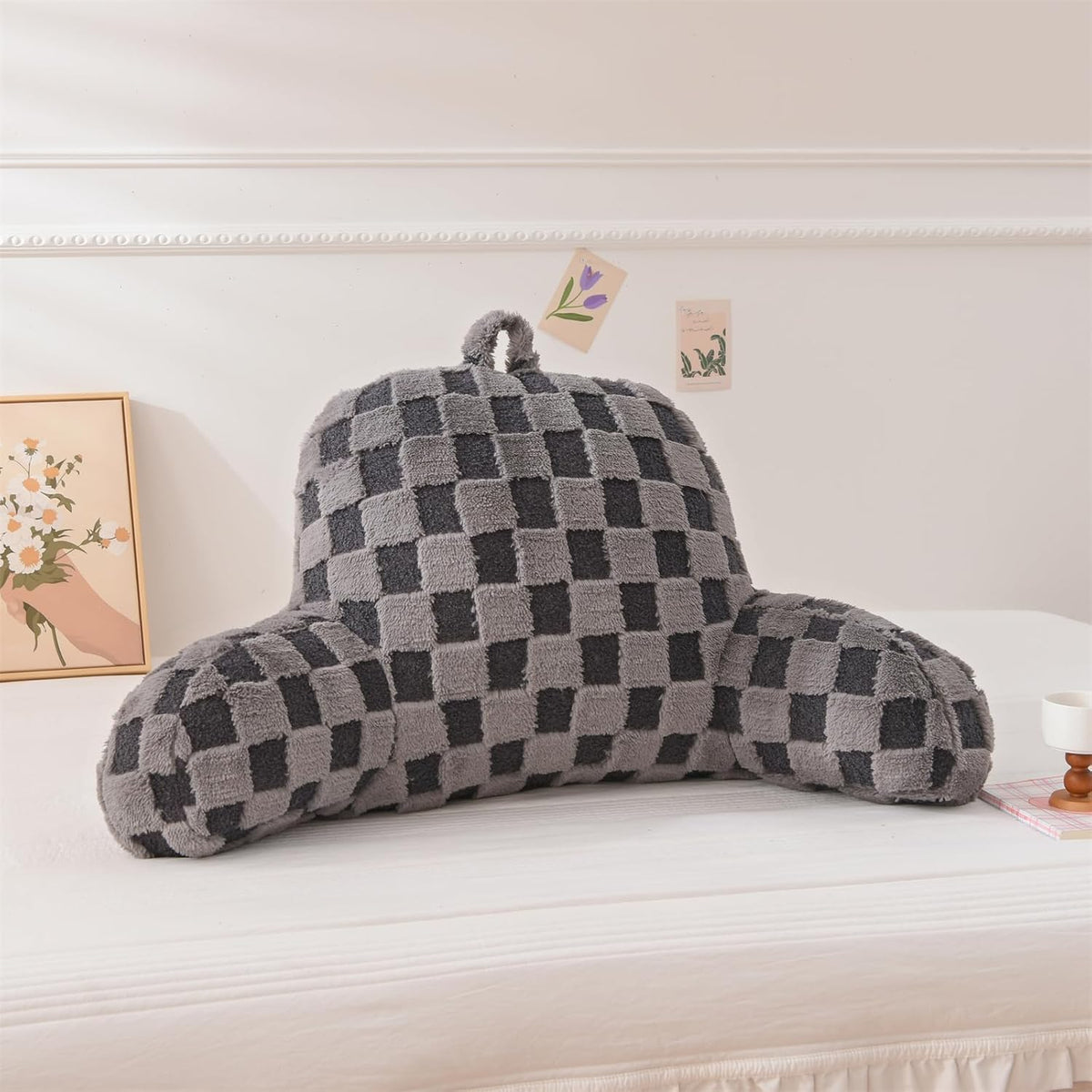 Aimuan Reading Pillow Checkered Bed Rest Wedge Backrest Checkerboard Pillow with Arms Back Support for Sitting Up in Bed Cushion Incline Rest Sleeping Snoring Pillow (Beige,Large)