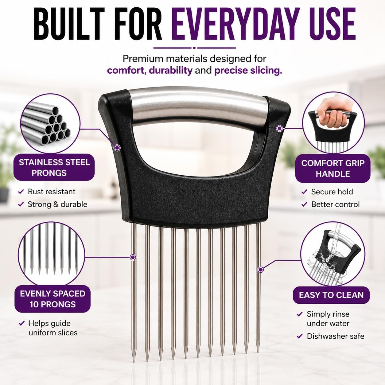 Onion Slicer Holder, 304 Stainless Steel Onion Cutter Tool with 10 Prongs, Vegetable Cutting Guide for Safe & Even Slicing, Food Prep Holder for Onion, Tomato & Potato