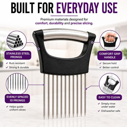 Onion Slicer Holder, 304 Stainless Steel Onion Cutter Tool with 10 Prongs, Vegetable Cutting Guide for Safe & Even Slicing, Food Prep Holder for Onion, Tomato & Potato