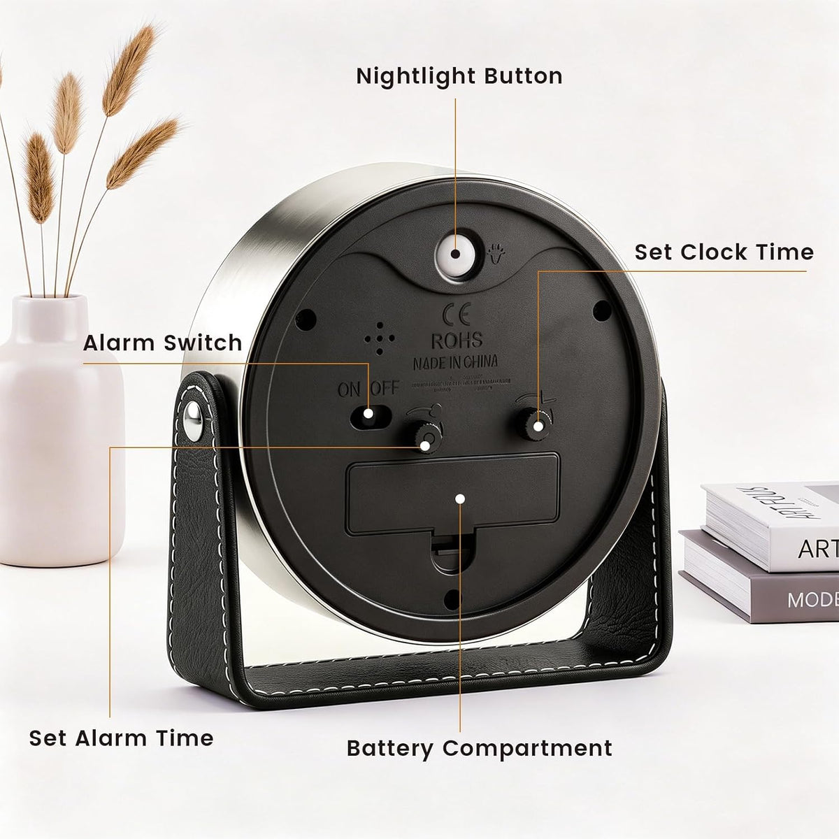 Analog Alarm Clock - 4.5" Silent Non Ticking Small Clock with Light, Rotatable Stand Metal Desk Clock Battery Operated, Simple Design for Living Room Decor/ Bedroom/Bedside/Shelf (Black & White)