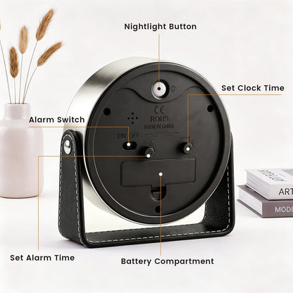 Analog Alarm Clock - 4.5" Silent Non Ticking Small Clock with Light, Rotatable Stand Metal Desk Clock Battery Operated, Simple Design for Living Room Decor/ Bedroom/Bedside/Shelf (Black & White)