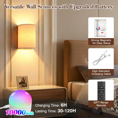 Battery Operated Rechargeable Wall Sconce Set of Two with 10000mAh Battery