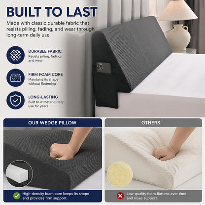 King Size Bed Wedge Pillow for Headboard/Gap Filler Prevent Things Drop | Long Triangle Edge Corner Pillow for Bed Gap Filler King Couch Apartment Home Essentials, Dense Foam, Pockets,10x6x76in Black