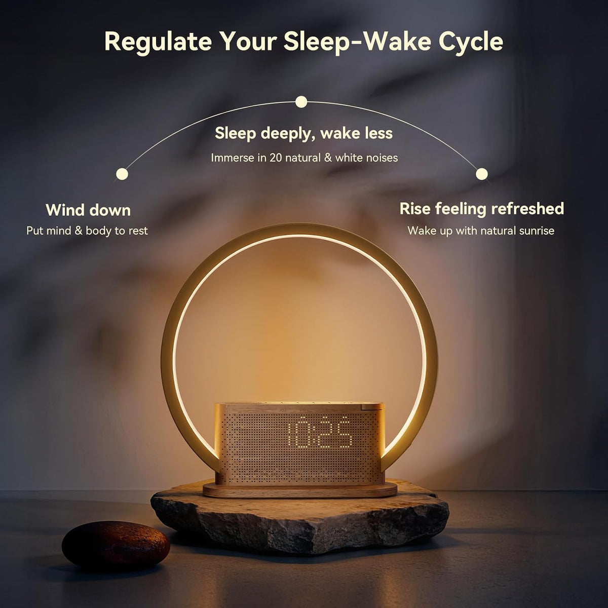 Wood Grain Alarm Clock with Sunrise Lamp & White Noise Sound Machine