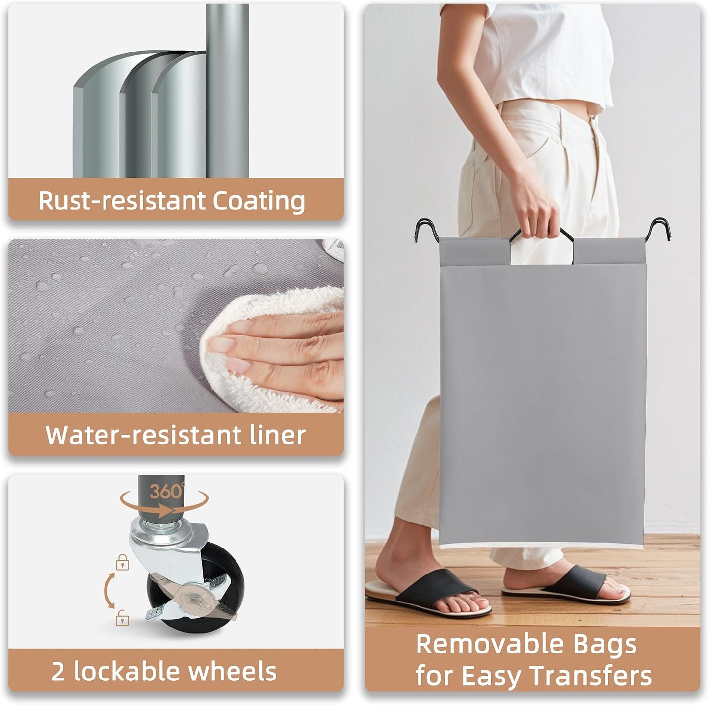 STORAGE MANIAC 3 Section Laundry Sorter, 35.6 Gal (135 L) Laundry Hamper Cart with Heavy Duty Rolling Lockable Wheels and Removable Bags, Clothes Organizer Basket Separator Hamper, Gray