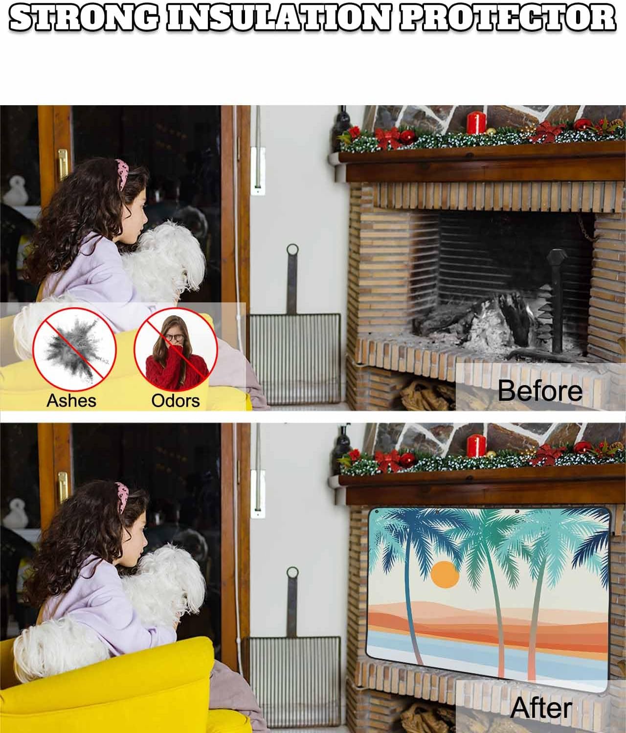 Magnetic Fireplace Cover Boho Summer Beach Fireplace Screen Decorative Mount Coconut Tree Bohemian Insulation Fireplaces Blocker Save Energy Fireplaces Draft Stopper Covers for Living Room 45x34