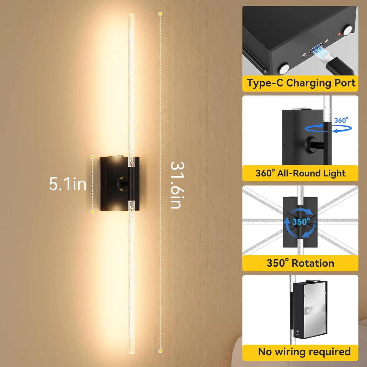 Battery Operated Wall Sconces Set of 2, Remote Control, 10000mAh, Black