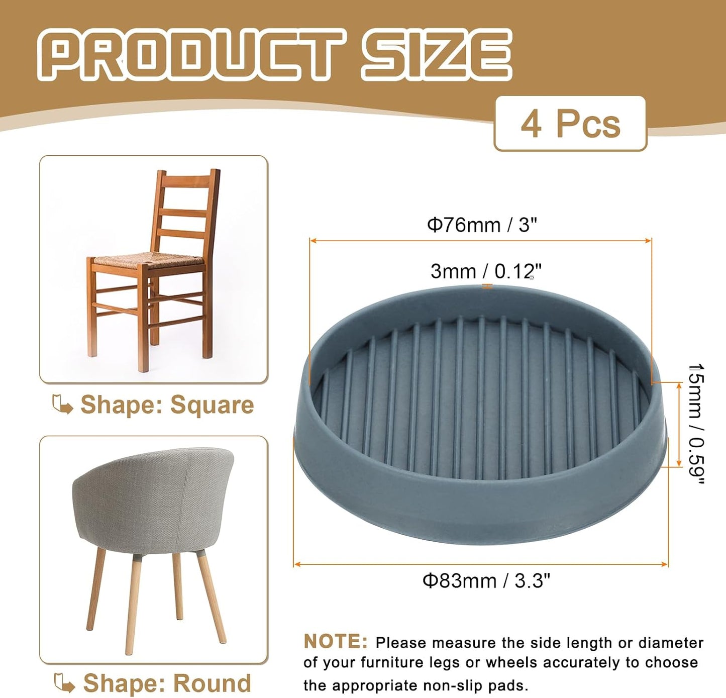 PATIKIL 4 Inch Rubber Furniture Pads, 4 Pack Non-Slip Furniture Coasters Round Anti Skid Caster Cups Furniture Feet Cup Floor Protectors for Bed Couch Stoppers, Brown