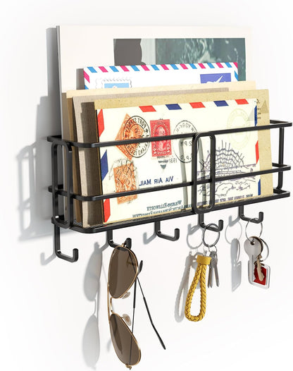 SRIWATANA Key Holder Wall Mount with 5 Hooks, Metal Mail Organizer, Black | Key Hooks for Wall, Mail Storage Basket, 10.8''L x 2.6''W x 4.5''H, Mail Holder for Wall for Home Office Entryway Hallway