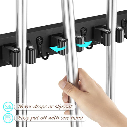 OUTNILI Mop and Broom Holder Wall Mount - Wood Broom Mop Hanger - Wall Mounted Garden Tool Rack Organizer for Closet Garage Laundry Room, Rustic Kitchen Decor With 4 Slots & 4 Hooks