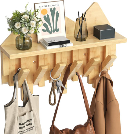 HOOBRO Wall Hooks with Shelf, Coat Rack with Shelf Wall-Mounted, Entryway Wall Key Holder, Hat Rack for Walls, Purse Hanger for Wall, Entryway Hanging Shelf with 6 Retractable Pegs, Black BK46YM01