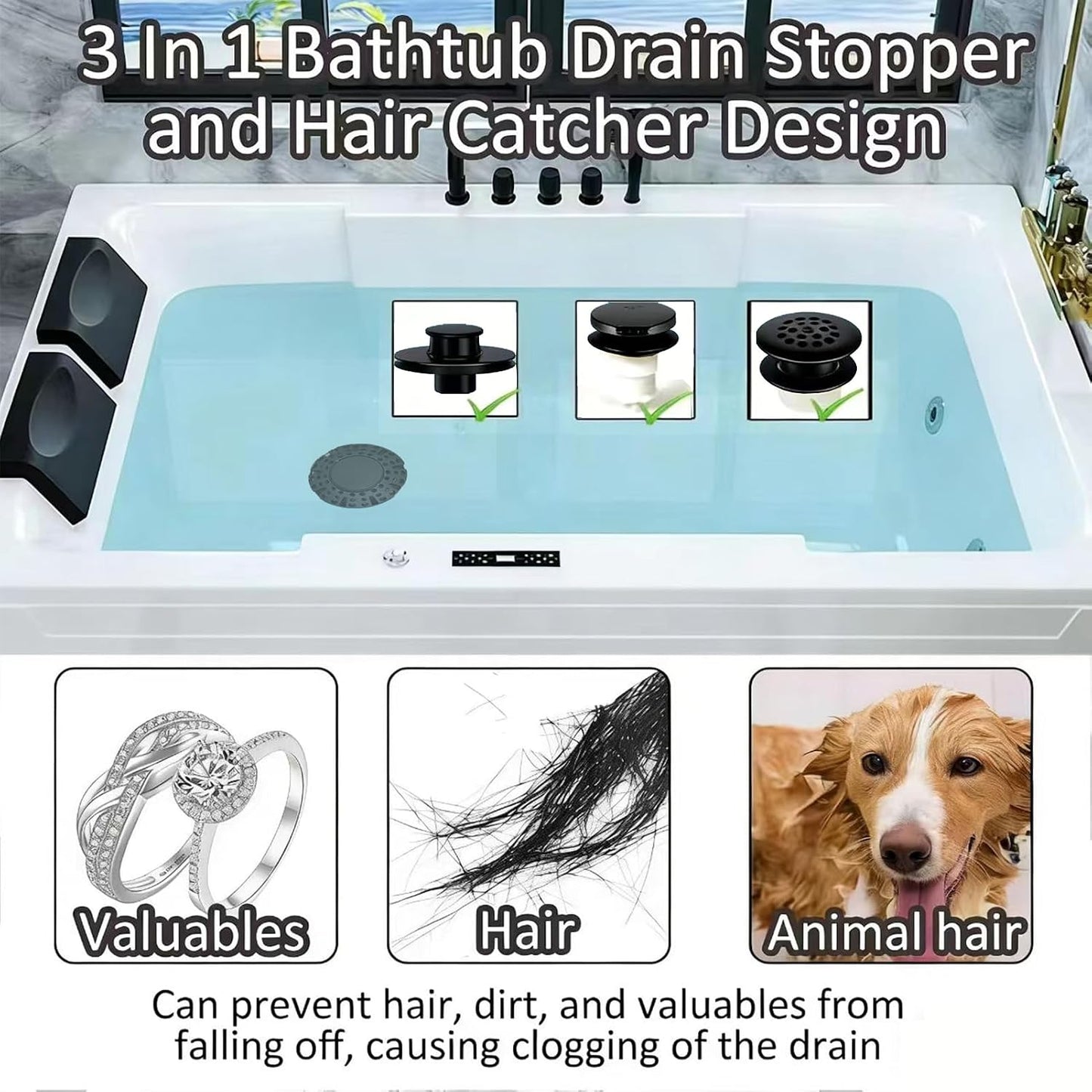 AzWzz Universal Tub Stopper Bathtub Drain Plug, Pop Up Tub Drain Hair Catcher, Drain Cover with Strainer, for 1-3/8 to 2in Bath Drain Hole