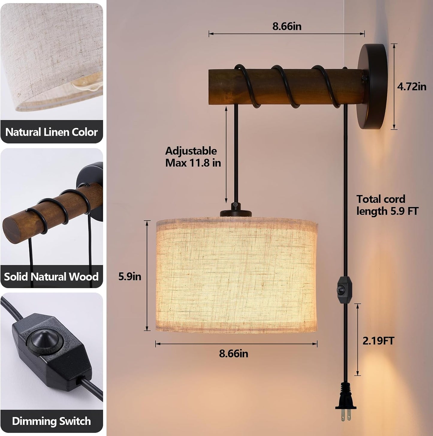 XSDeTu Battery Operated Wall Sconce with Remote, Rechargeable Battery Powered Wall Light, 3 Colors Dimmable Wall Mounted Lights, Adjustable Lamp for Bedroom Bedside, Wooden Arm, Fabric Shade, 2 Pcs