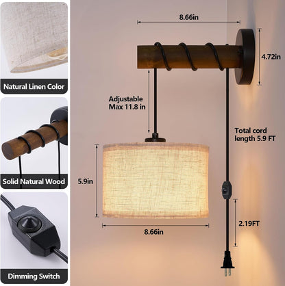 XSDeTu Battery Operated Wall Sconce with Remote, Rechargeable Battery Powered Wall Light, 3 Colors Dimmable Wall Mounted Lights, Adjustable Lamp for Bedroom Bedside, Wooden Arm, Fabric Shade, 2 Pcs