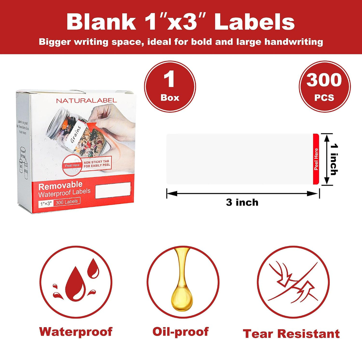 Removable Freezer Labels with Dispenser, 1" x 3", 1 Box (Red) | Writable, remove no residue, waterproof & oilproof, easy peel-off design, 300 labels per box, for meal prep containers