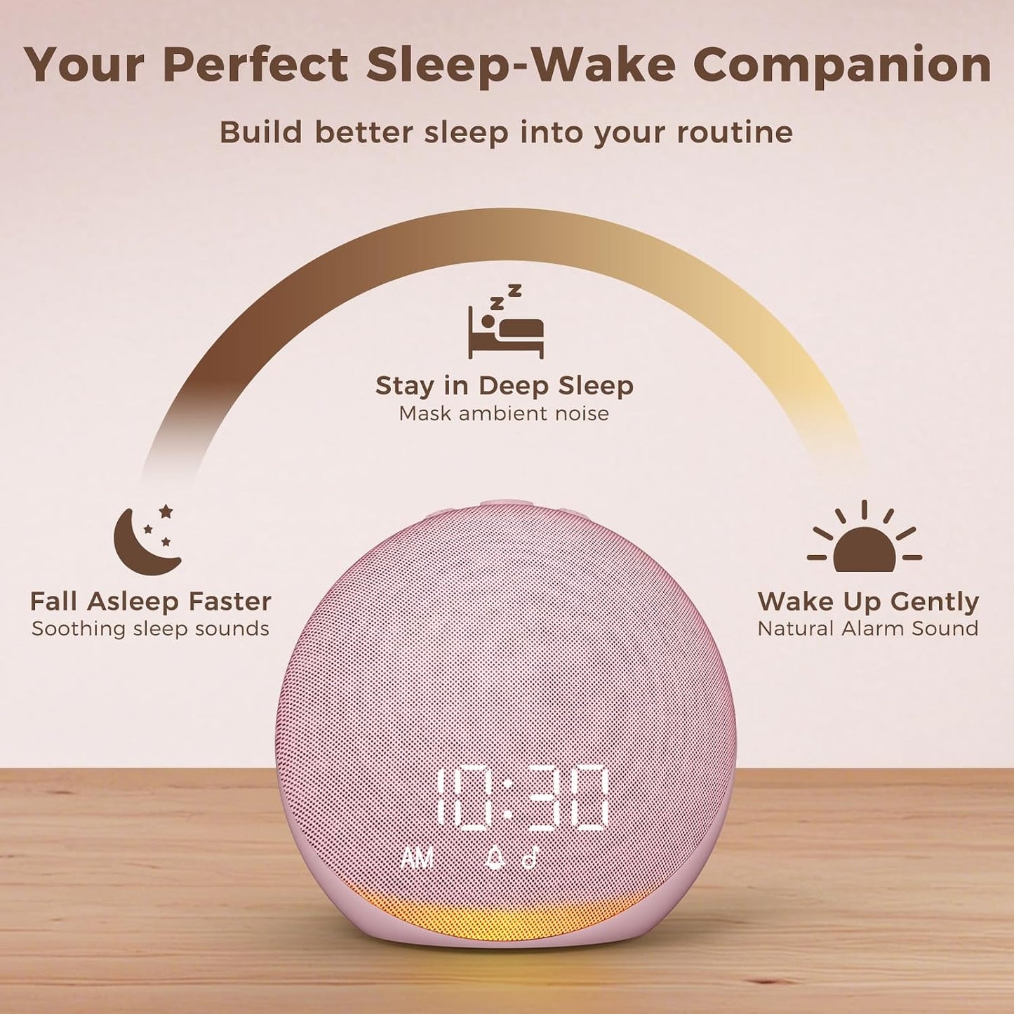 Sound Machine Alarm Clock for Bedroom: 25 Natural Sleep Sounds | White Noise Machine for Adults Kids Baby - Gentle Wake Up Alarm with Bluetooth Speaker - Putty