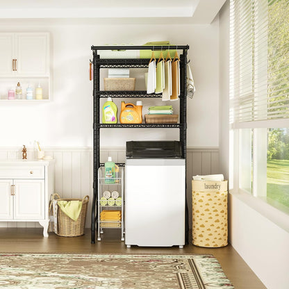U11 Over Washer and Dryer Shelves, 3 Tiers Laundry Room Storage and Organizer Standing Shelf, Metal Freestanding Clothes Drying Rack, 33.9" W x 19.7" D x 77.6" H, Black