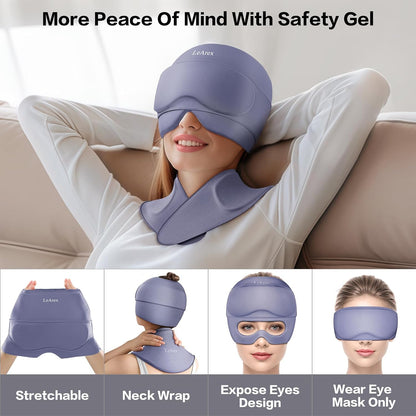 3 in 1 Migraine Relief Cap Neck Ice Pack Wrap Gel and Ice Eye Masks, Detachable Ice Caps with Eyes Masks, Hot and Cold Therapy for Relief of Headaches, Stiff Neck and Eye Fatigue (Purple)