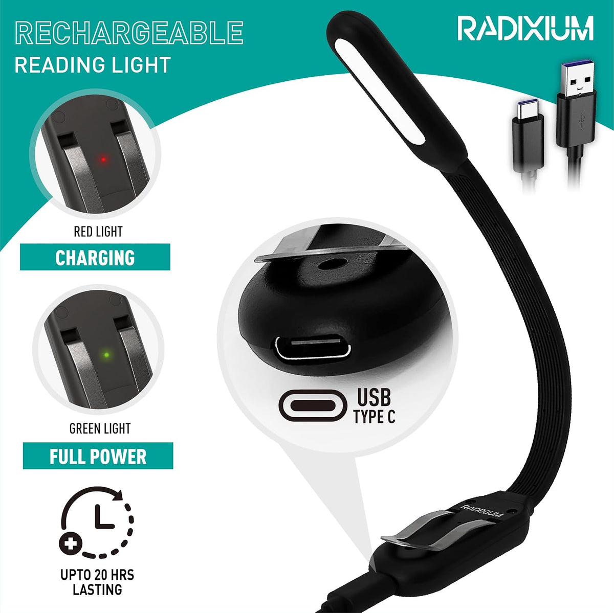 Rechargeable Book Light for Reading in Bed, 4 Color Temperatures Eye-Caring LED, Portable Clip On Reading Light with Magnetic Base, Hands-Free for Travel, Night Reading (Black)