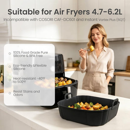 Redfly 2 Pack Silicone Air Fryer Liners,Square Reusable to 8.5in Air Fryer | Compatible with Ninja AF141 181、COSORI 5-6.5 QT Non-Stick Basket Inserts,Silicone Mat Bowl Air Fryer Accessories Kitchen