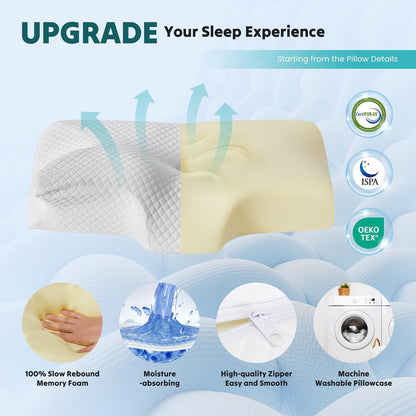 NEWBULIG Cervical Neck Pillow, Ergonomic Contour Memory Foam and Detachable Roll Pillow for Neck Pain Relief Side Back Stomach Sleepers with Cooling Breathable Cover