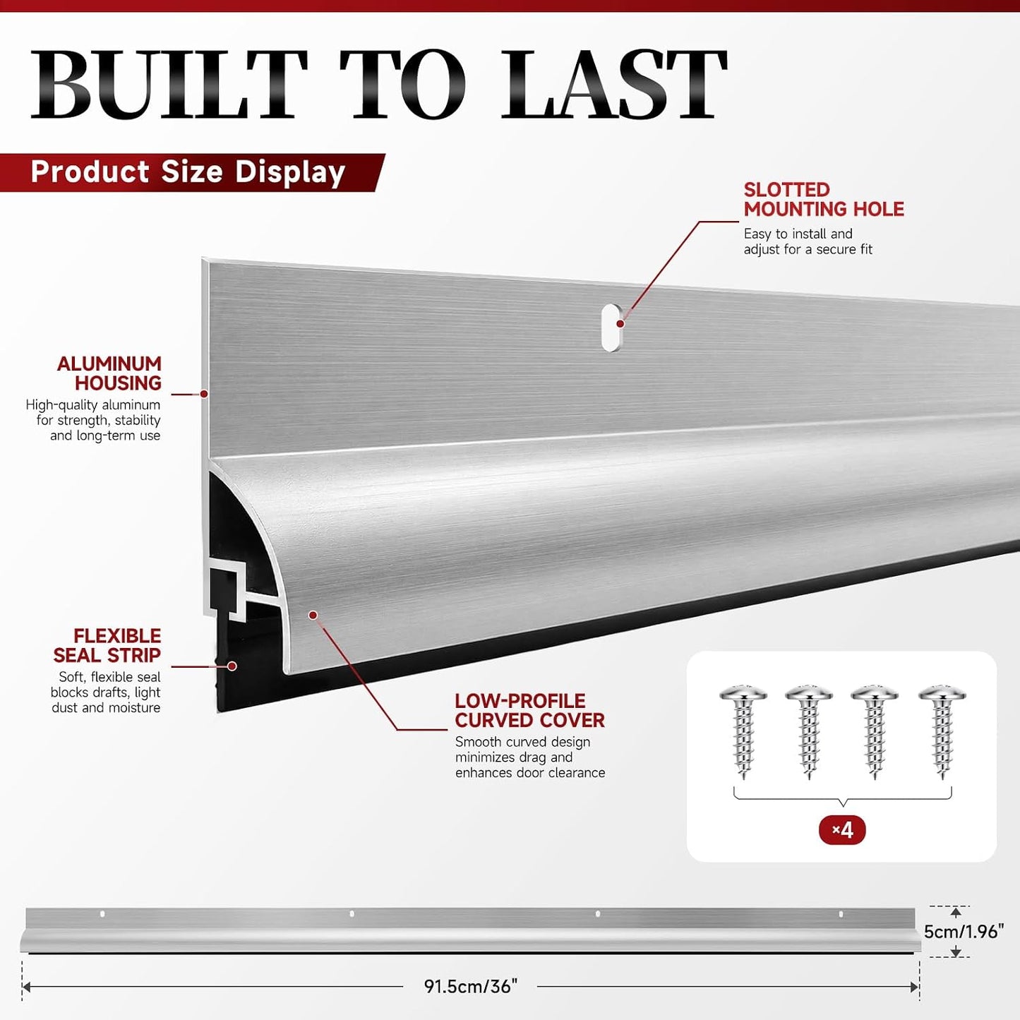 2 Pack Door Draft Stopper, Cuttable Weather Stripping Door Seal 36” Length, Strong Adhesive Aluminum Door Sweep for Exterior and Interior Doors (Silver)