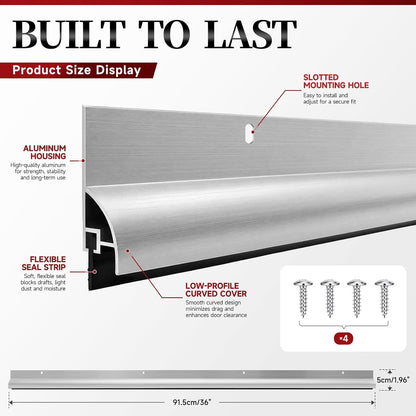 2 Pack Door Draft Stopper, Cuttable Weather Stripping Door Seal 36” Length, Strong Adhesive Aluminum Door Sweep for Exterior and Interior Doors (Silver)