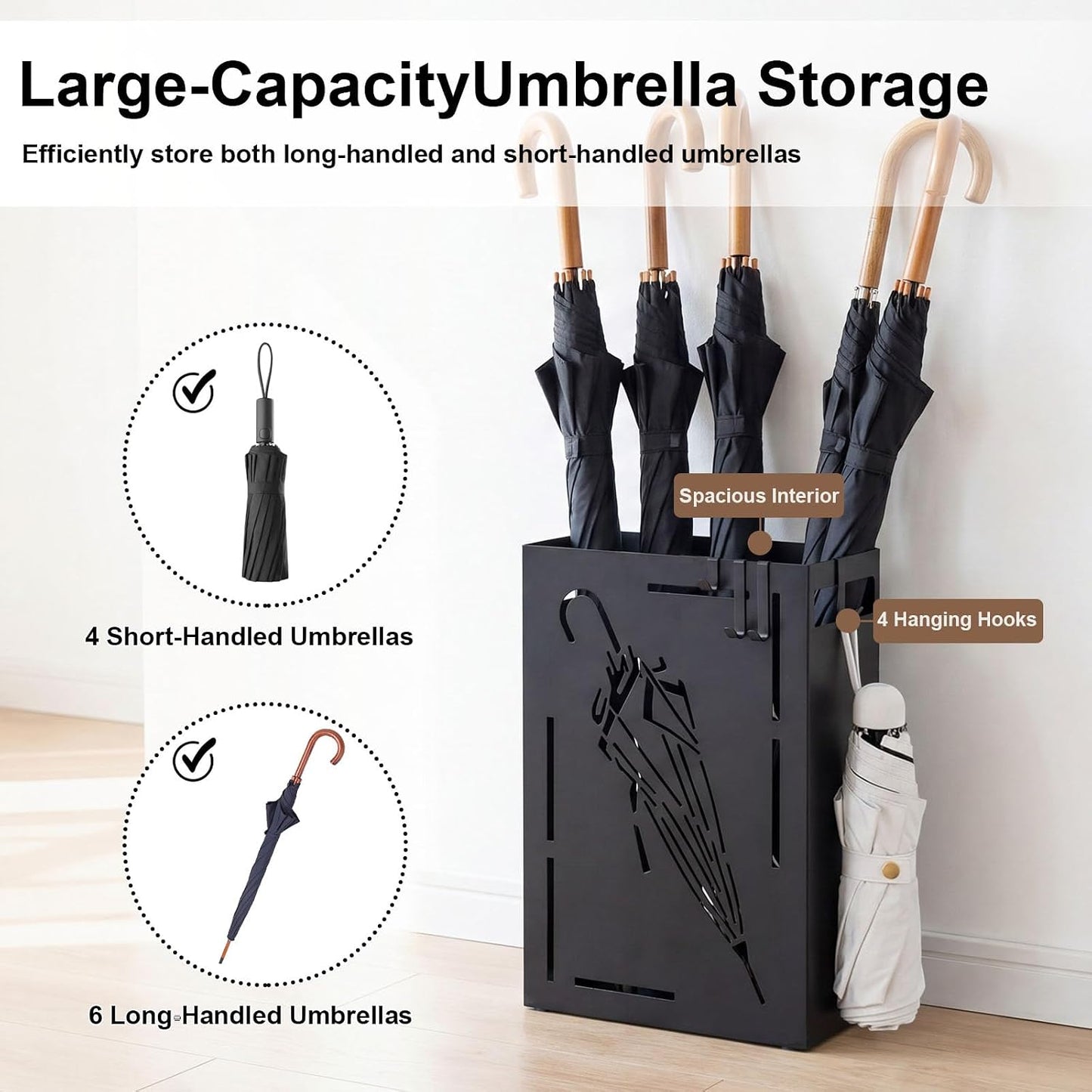 Goplus Metal Umbrella Holder, Indoor Umbrella Stand Freestanding, Black | Removable Drip Tray, 4 Hanging Hooks, Heavy-Duty Rectangular Umbrella Holders for Entryway, Home Office, 11 x 5 x 16 Inch