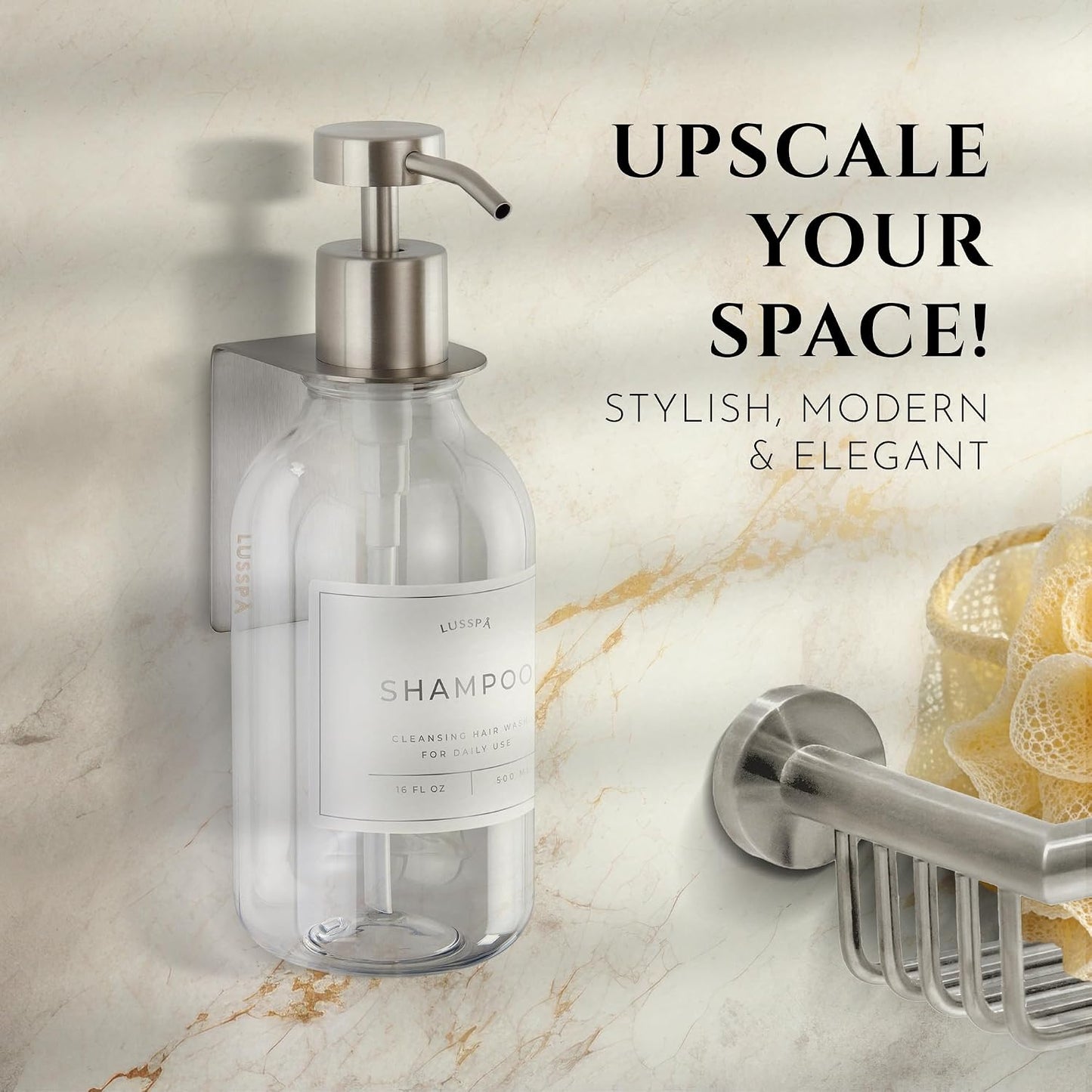 Shower Shampoo Dispenser Wall Mounted – 3 Refillable 16.9 oz Clear Bottles with Stainless Steel Pumps & No-Drill Adhesive Holders – Soap Dispenser Set for Bathroom (3 X Clear/Silver)