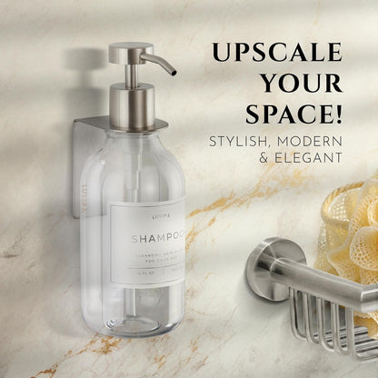 Shower Shampoo Dispenser Wall Mounted – 3 Refillable 16.9 oz Clear Bottles with Stainless Steel Pumps & No-Drill Adhesive Holders – Soap Dispenser Set for Bathroom (3 X Clear/Silver)