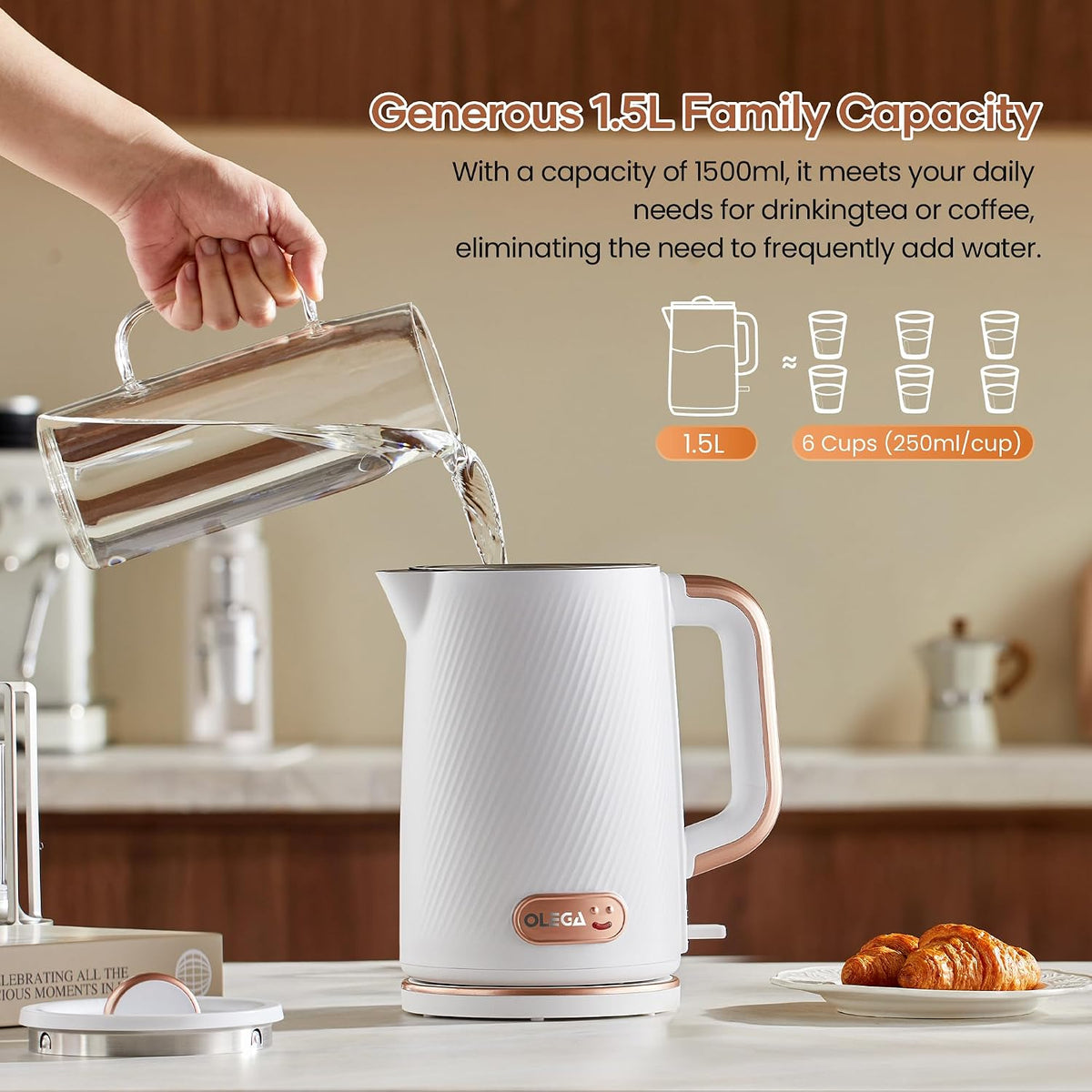 OLEGA Electric Tea Kettle: 1200W Fast Boil Electric Water Kettles 1.5L