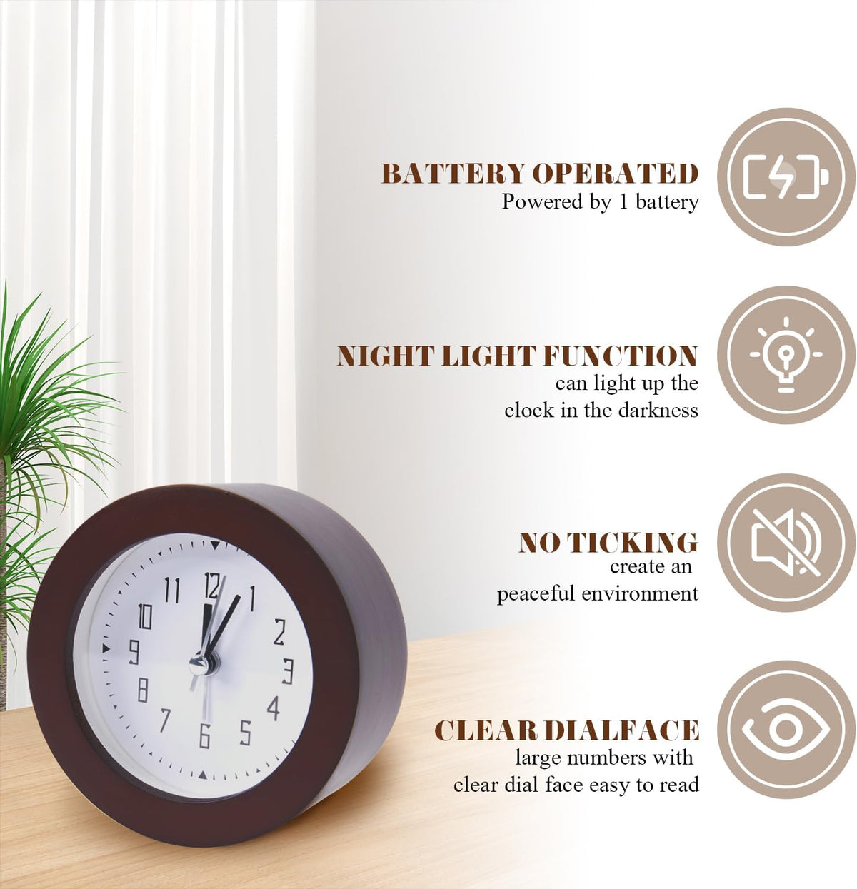 Wooden Analog Alarm Clock Silent Non-Ticking Desk Clock Battery Operated Table Clock with Nightlight for Bedroom,Children's Room, Living Room,Natural(4Inch)